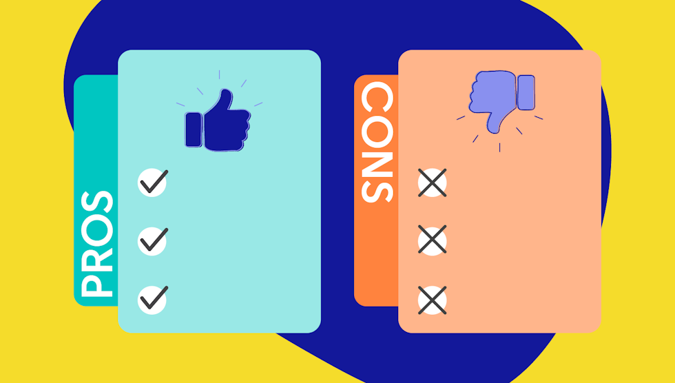 A pro and con list, with thumbs up and thumbs down icons