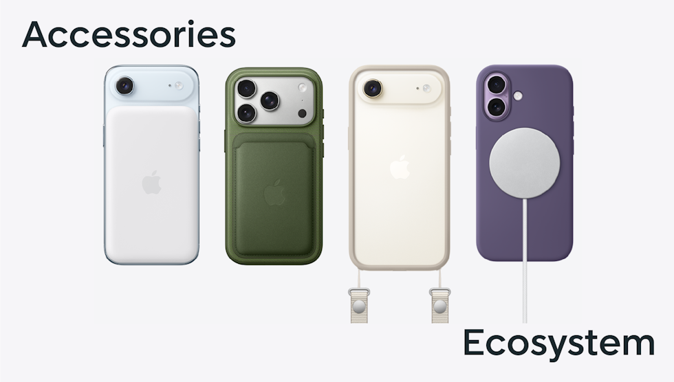 Shots of various iPhone accessories, including AirPods and cases