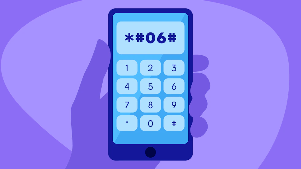 A mobile phone withe code *#06# on the screen.