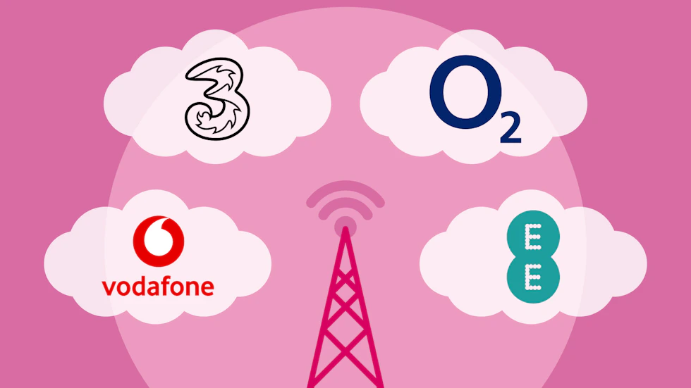 A telephone mast with the logos of Vodafone, Three, O2 and EE around it.