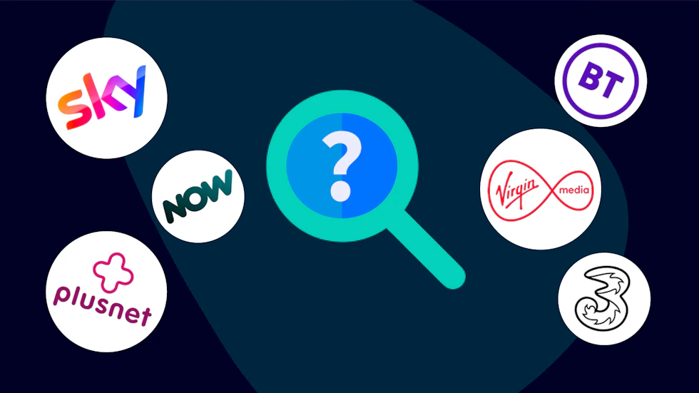 A magnifying glass with a question mark inside, then bubbles with broadband provider logos floating around it.