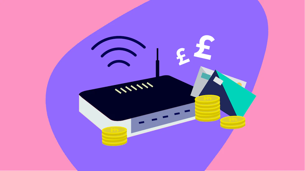 A router with some cons and bank cards resting beside it.