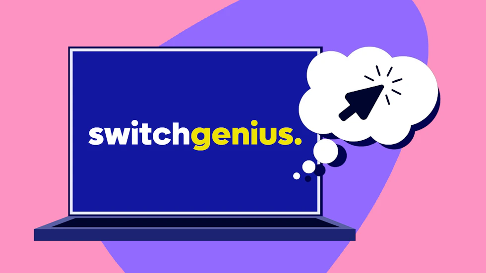 A laptop, and on the screen the SwitchGenius logo, then a thought bubble with a clicker inside.