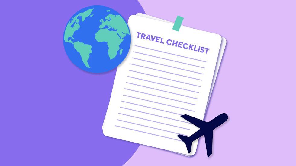 A travel checklist with icons of a globe and a plane