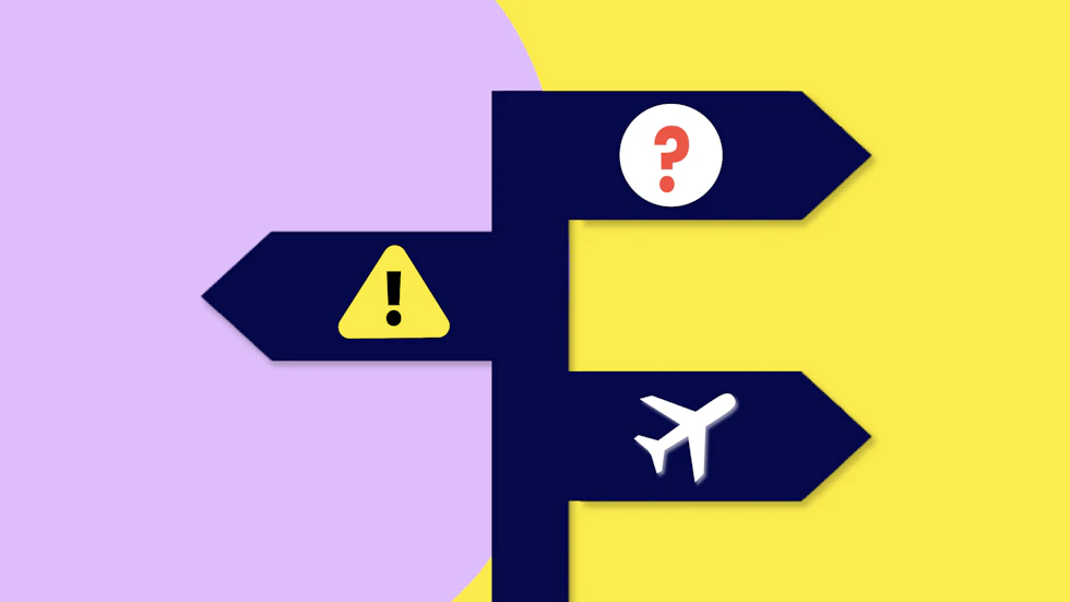 A signpost with various travel-related icons and warning signs on it