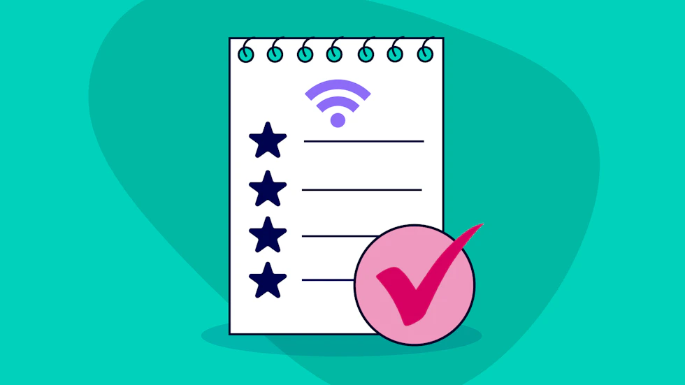 A checklist with stars on the left side, WiFi symbol at the top and a tick mark on the bottom right corner.