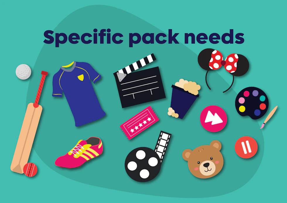 'Specific Pack Needs' at the top, then some spots, movie and kids icons below.