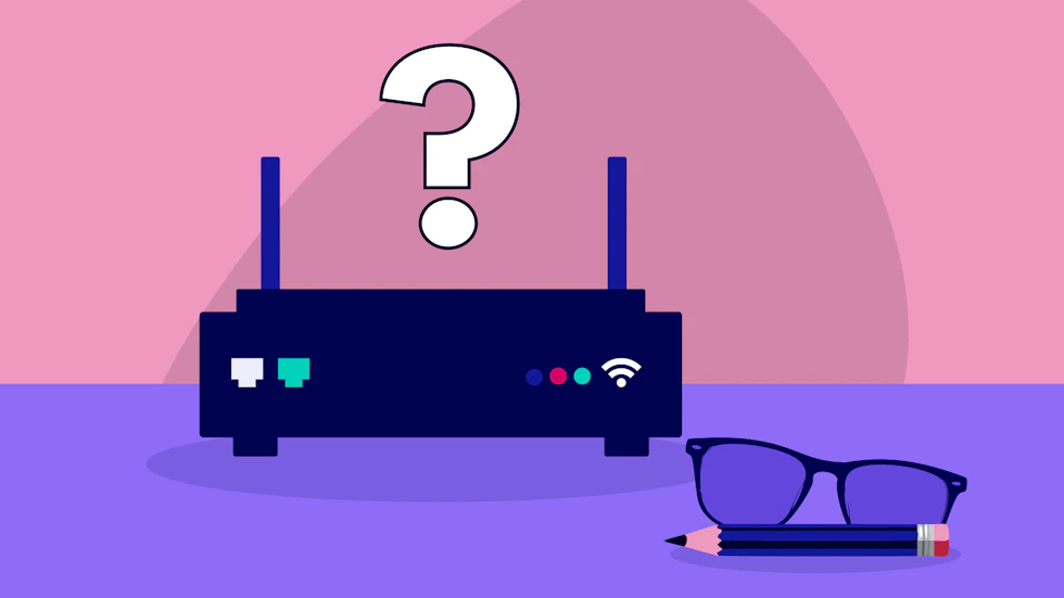 A broadband router with a question mark above it, then to the right a pair of glasses and a pencil.