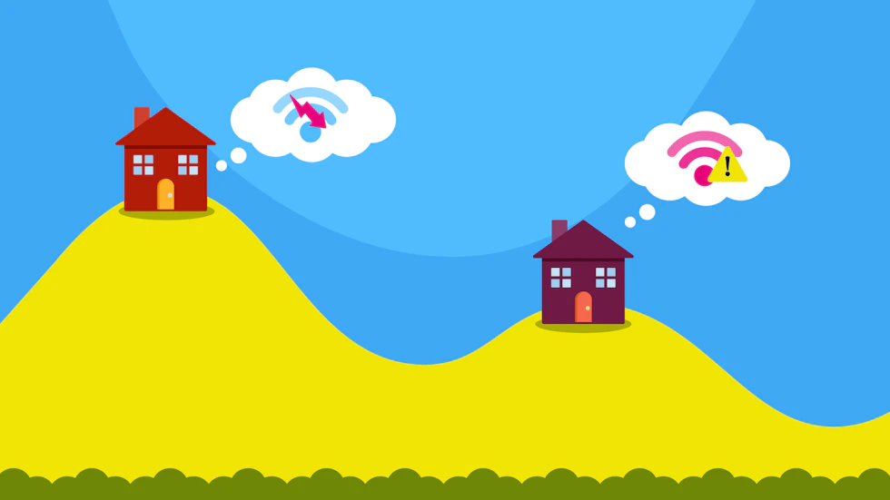Two houses on hills, both with broadband symbols but one with a downward arrow over it and the other with a warning symbol next to it.