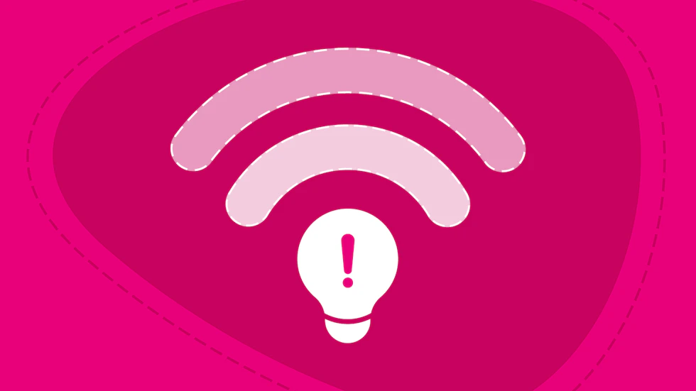 A lightbulb with an exclamation mark in the middle, with broadband signals coming off the top.