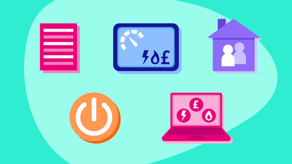 A piece of paper, an energy meter, a home, an on/off button and a laptop with energy and money symbols.