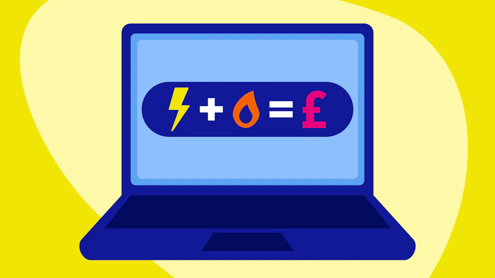 A laptop with a simple formula showing an electricity bolt plus a flame equals a pound sign.