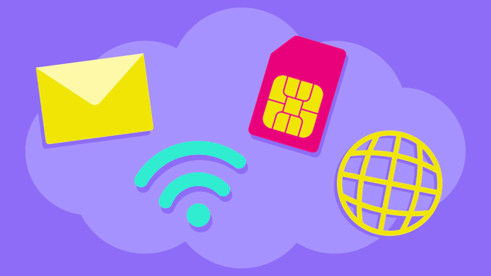 An email, WiFi symbol, SIM card and globe icon.