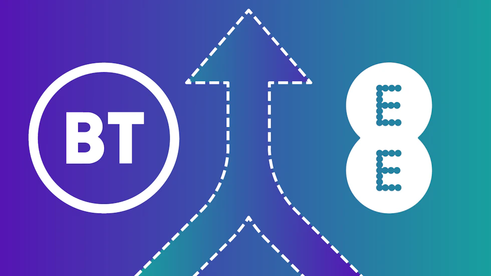 The BT logo on the left and the EE logo on the right, with a merging symbol in the middle.