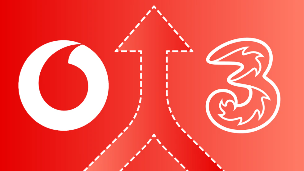 The Vodafone logo on the left and the Three logo on the right, with a merging symbol in the middle.