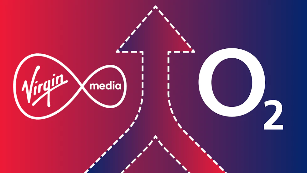 The Virgin Media logo on the left and the O2 logo on the right, with a merging symbol in the middle.