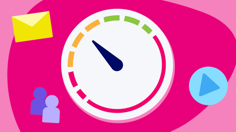 A speedometer with an email, two people icons and a play button floating around it.