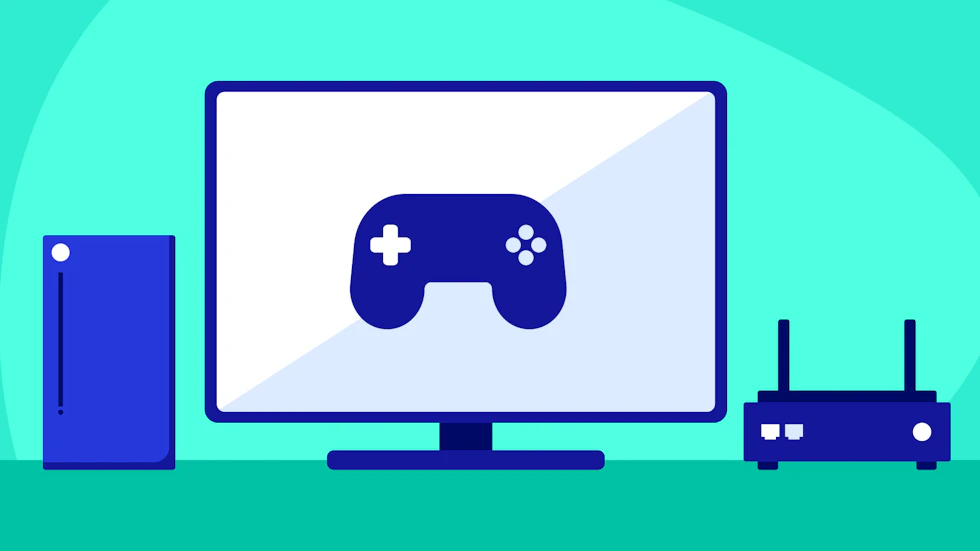 A gaming console, a TV with a controller on it, and a router to it's right.