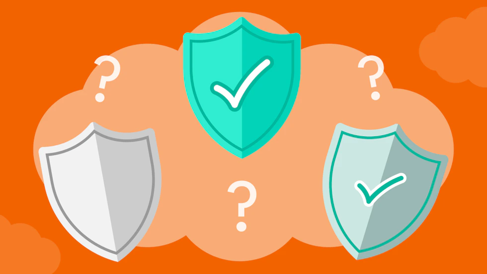 Three shields representing the three main UK car insurance  types, with question marks surrounding them.