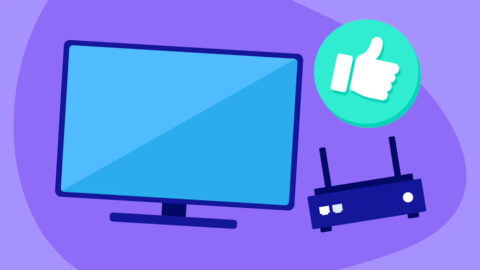 A TV and a router next to each other with a thumbs up icon.