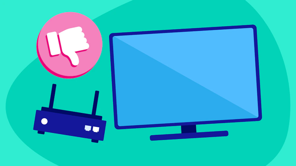 A router and a TV next to each other with a thumbs down icon.