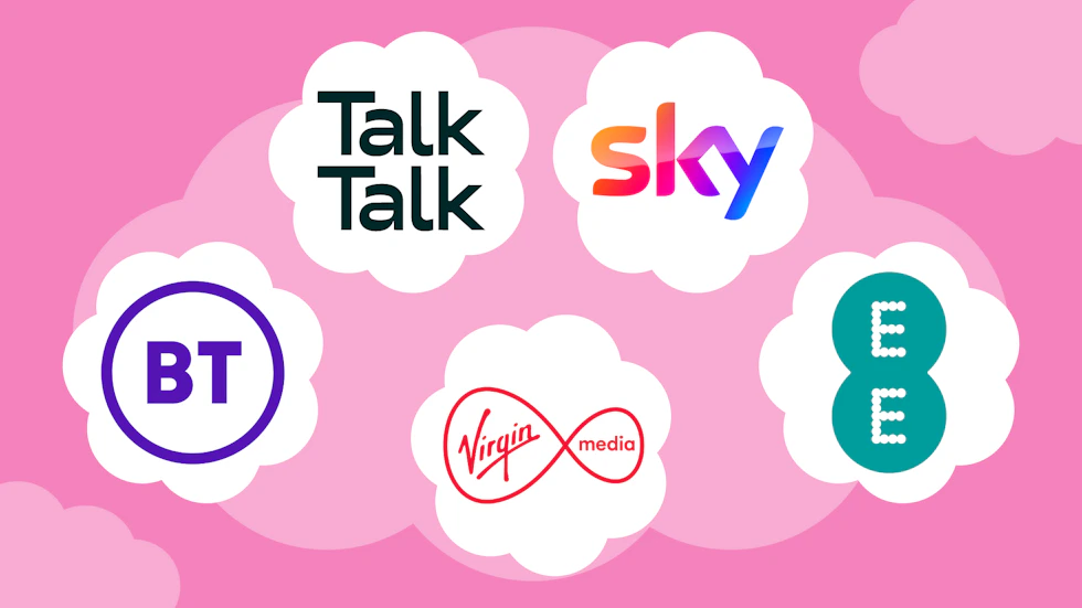 The logos of TalkTalk, Sky, EE, Virgin Media and BT in their individual clouds.