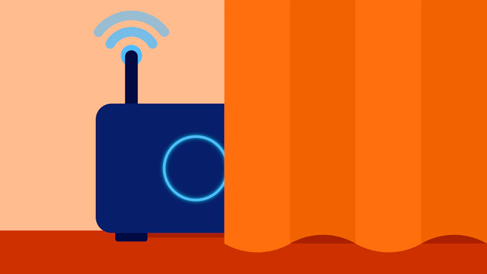 A router peeking out from behind a curtain.