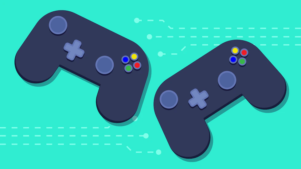 Two video game controllers next to one another.