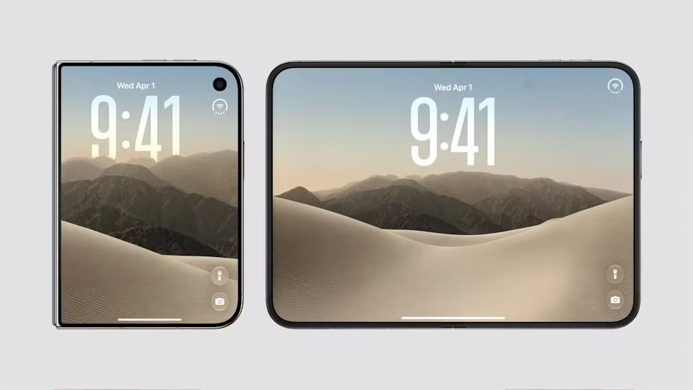 The new iPhone Duo, shown in standard "passport" folded form and unfolded tablet mode.