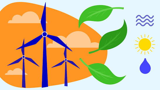 Three wind turbines, some leaves, clouds and elements of air, sun and water.