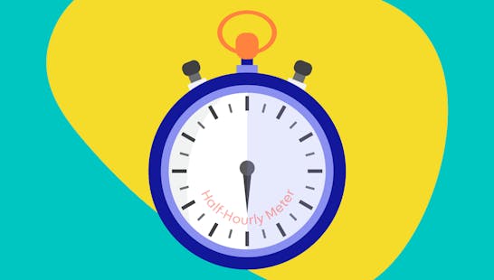 A stopwatch with the text 'half hourly meter' written on it