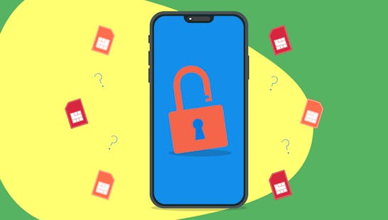 An unlocked mobile phone with SIM cards and question marks surrounding it.