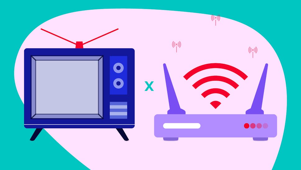 TV without broadband, depicting an old-school TV and next to it, a broadband router.