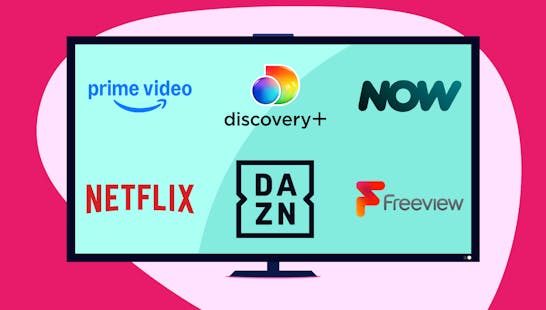 A TV with logos of some streaming services, including Netflix and NOW.