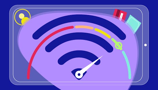 A mash-up of a WiFi signal indicator and a credit check graphic, with the needle going into the green.