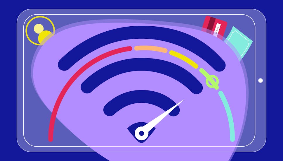 A mash-up of a WiFi signal indicator and a credit check graphic, with the needle going into the green.