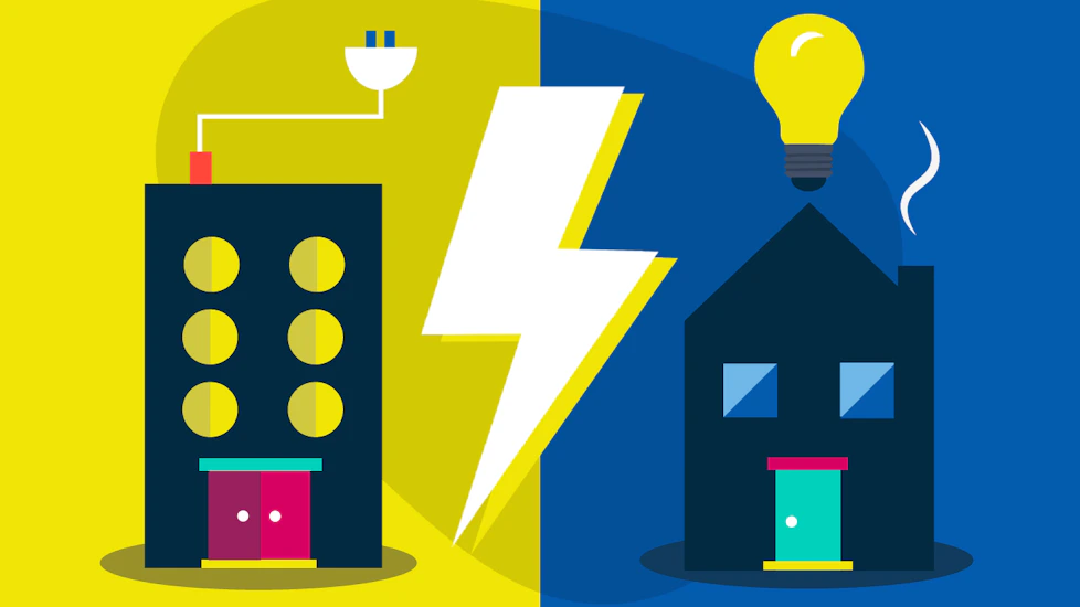 An office building, attached to a power cable, versus a house with a light bulb above it, separated by a lightning bolt