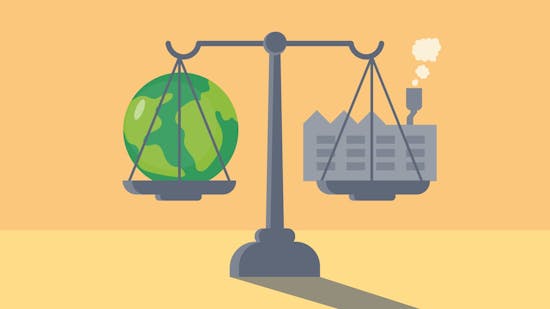 Green business energy, depicting a weight scale, with the globe on one side and a factory on the other.