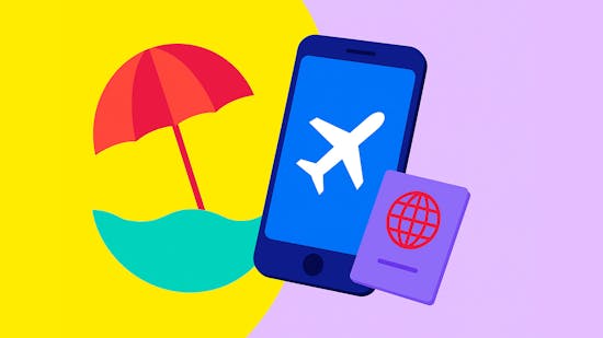 A phone with an airplane on it, a passport and a beach umbrella by the sea