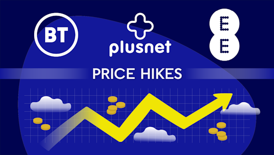 The BT, EE and Plusnet logos, accompanied by an arrow trending upwards into the clouds, and scattered coins