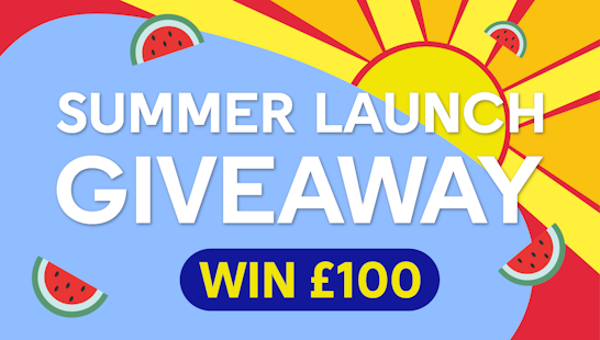 The Summer Launch £100 giveaway, with the sun shining in the background and watermelon slices darted around.