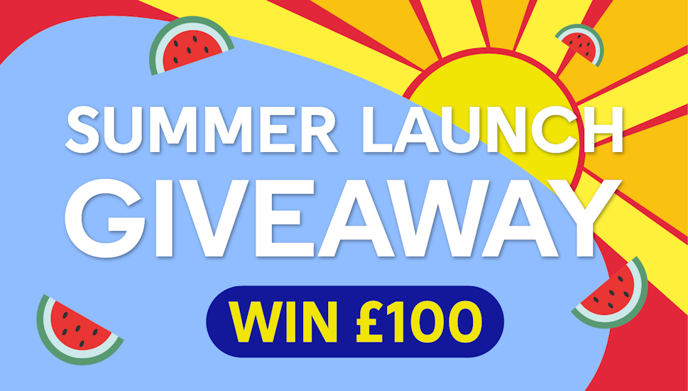 The Summer Launch £100 giveaway, with the sun shining in the background and watermelon slices darted around.
