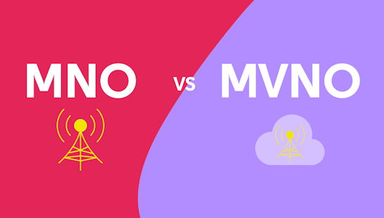 The title 'MNO vs MVNO' written on either side, with a telephone mast under MNO and a cloud under MVNO.