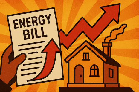 A hand holding an energy bill with an up arrow, then behind it a house and another arrow going upwards again.