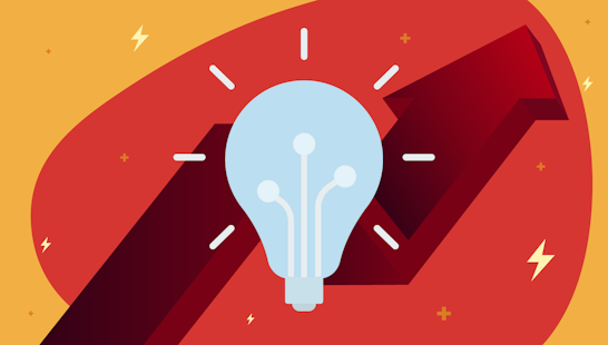A lightbulb with an upwards arrow behind it.