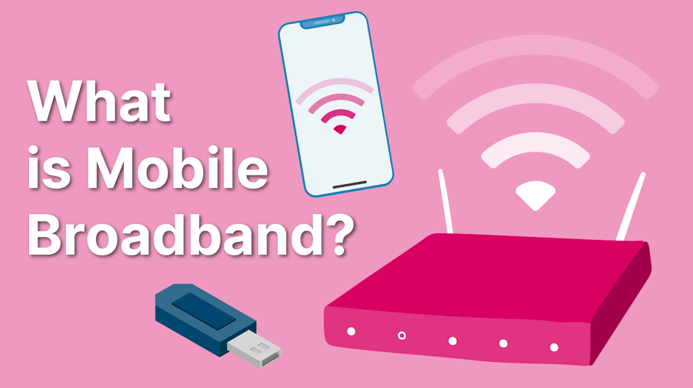 What is mobile broadband, the title, with a mobile phone, broadband hub and USB stick around it.