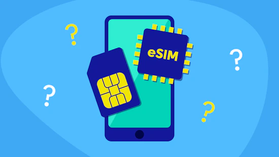 A phone with a SIM card and eSIM in front of it and question marks surrounding.