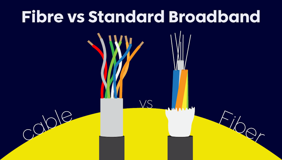 Two cables - fibre optic and copper - side by side and compared, with the title of the article.