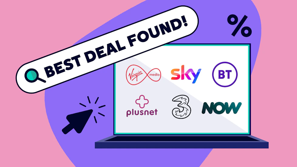 The content title "Best deal found" in a search bar, then a laptop with numerous provider logos.