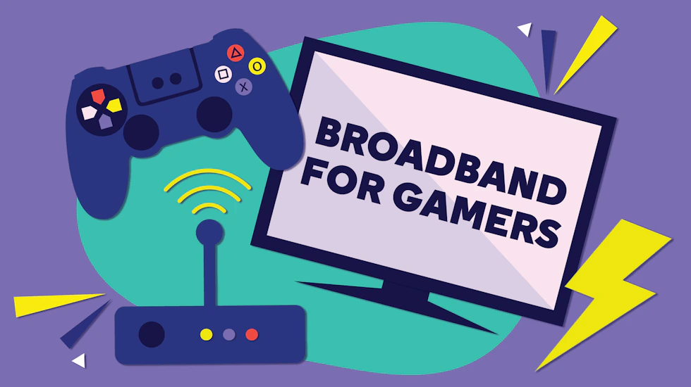A controller, broadband router and a monitor with the title "Broadband for gamers" on the screen.